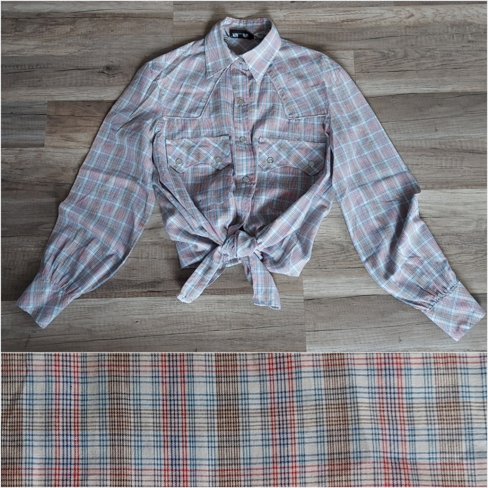Vintage Pearl Snap Western Blouse Red Blue White Tan Plaid